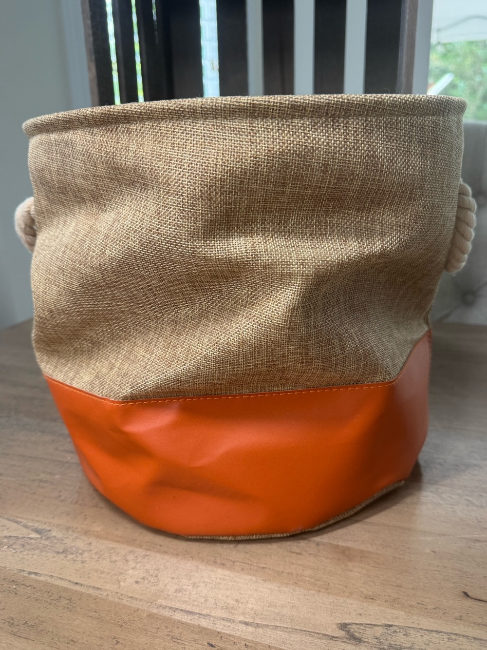 Collapsible Burlap/Orange Vinyl Storage Tote/Container w/ 2 Rope Handles